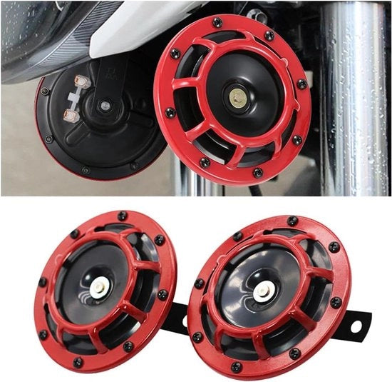 Kit di avvisatori acustici elettrici a doppio suono per camper 12 V con basso metallico, set di 2, colore rosso