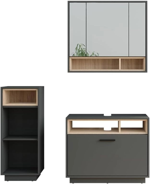 Set di mobili da bagno Beatrice, Rovere artigianale/antracite, 80 cm, composto da mobile sottolavabo, specchiera e mobile medio