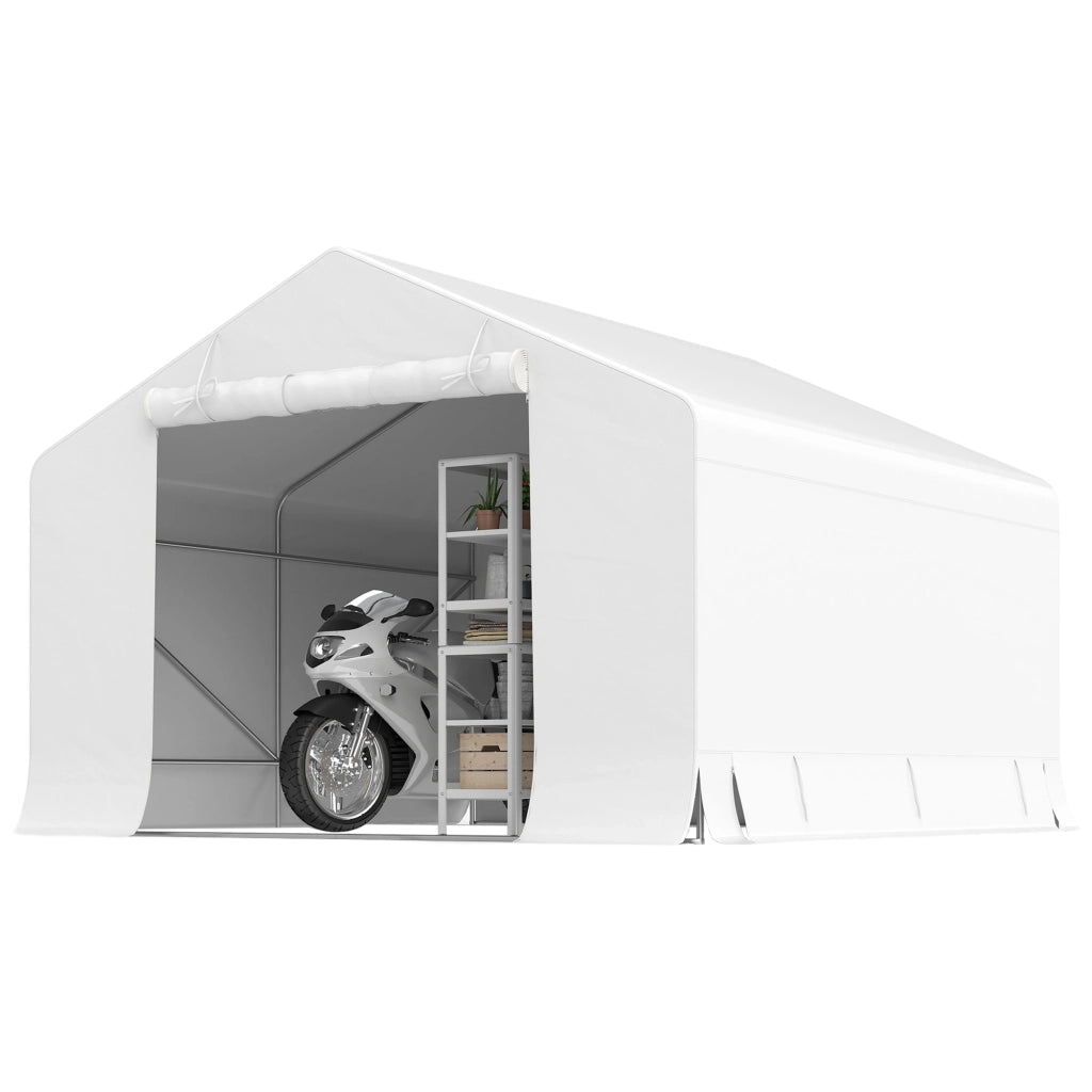 Capanno da Giardino e Tenda Garage 3x3 m Impermeabile con Porta Avvolgibile, Metallo e PE, Bianco