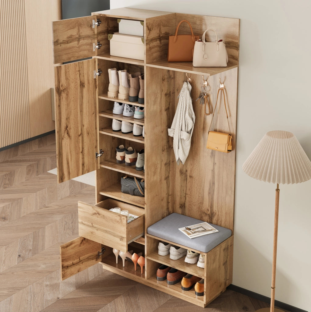 Mobile ingresso multifunzione con specchio; panca e scarpiera 90 x 34;5 x 190 cm; naturale