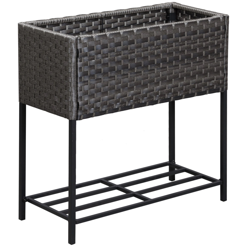 Fioriera rialzata in polyrattan con ripiano, 70 x 30 x 72 cm, marrone