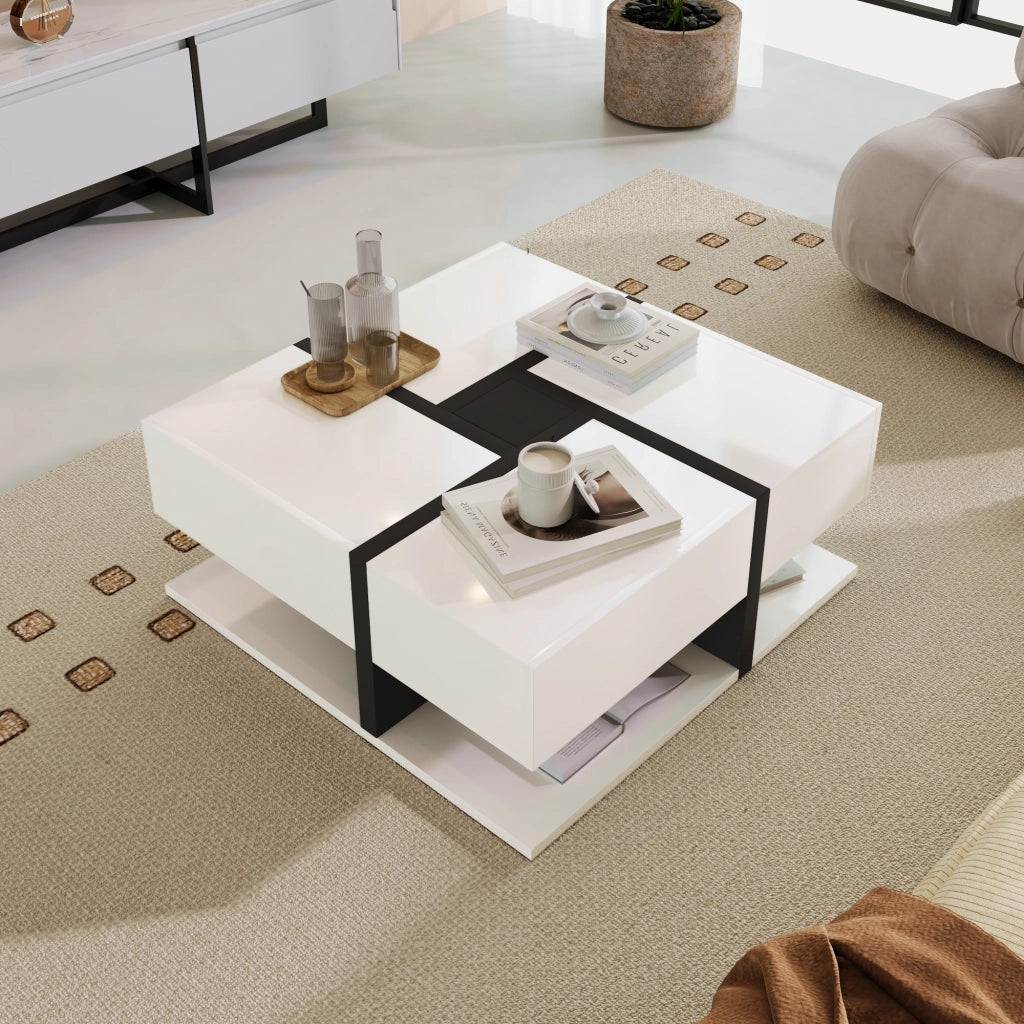 Tavolino da Caffè Quadrato con 4 Cassetti e Ripiano; Motivo a Linee Bicolore; Bianco Lucido; in Pannello Truciolare; 78×78×36 cm