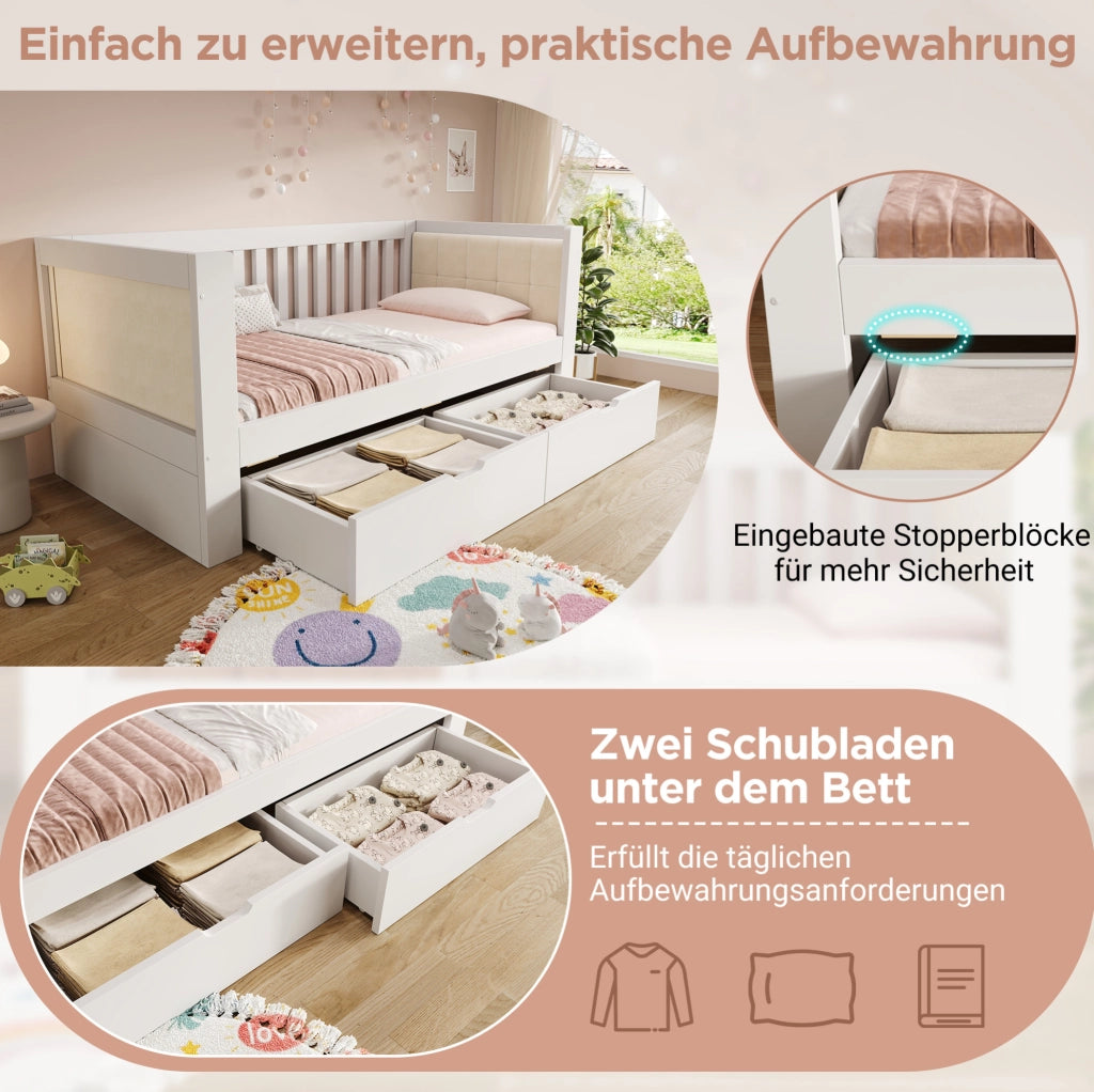 Letto singolo 90x200 cm bianco con 2 cassetti in legno