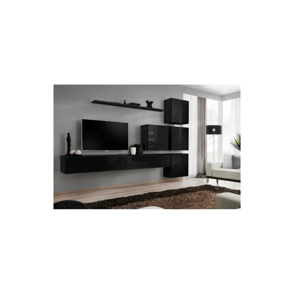 Set di mobili da salotto murali SWITCH IX, colore nero lucido.