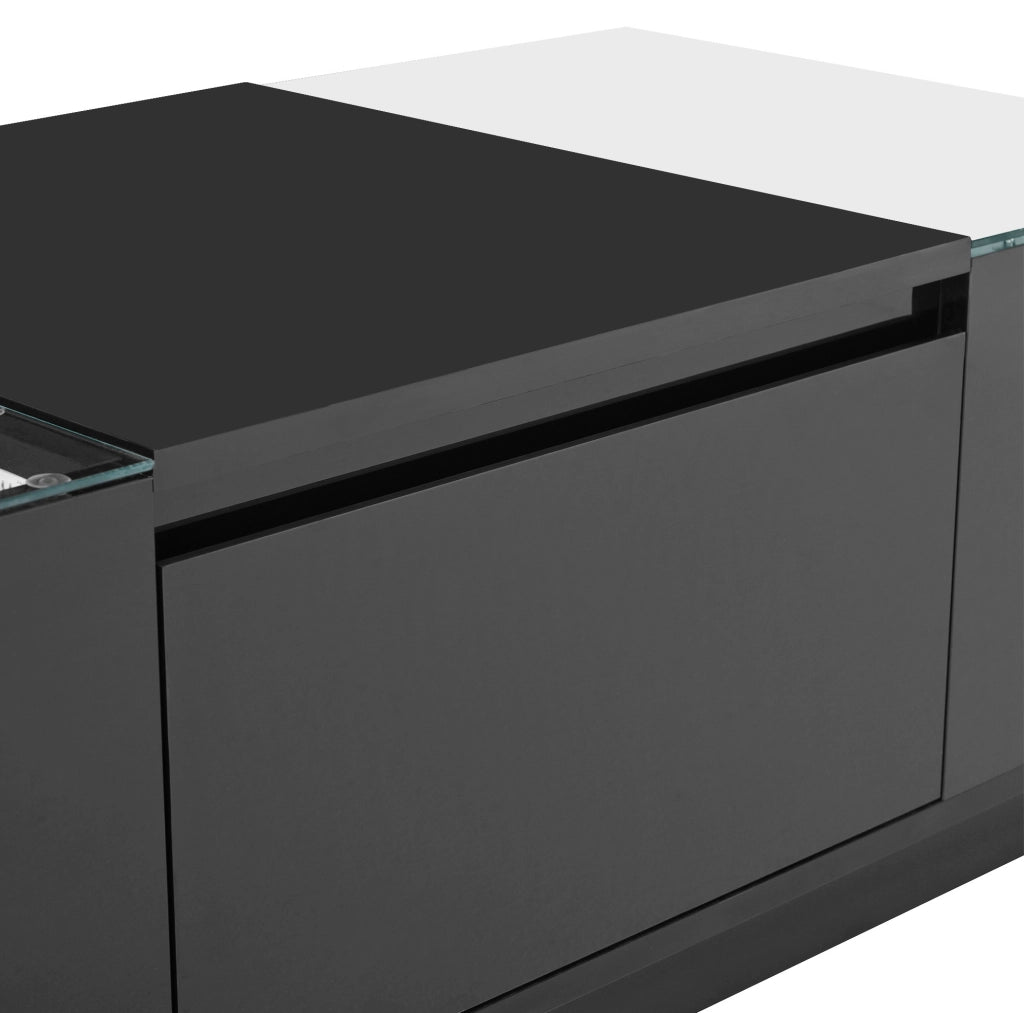 Tavolino da salotto 105x50x35 cm con LED; 2 cassetti; vetro; pannello truciolare nero
