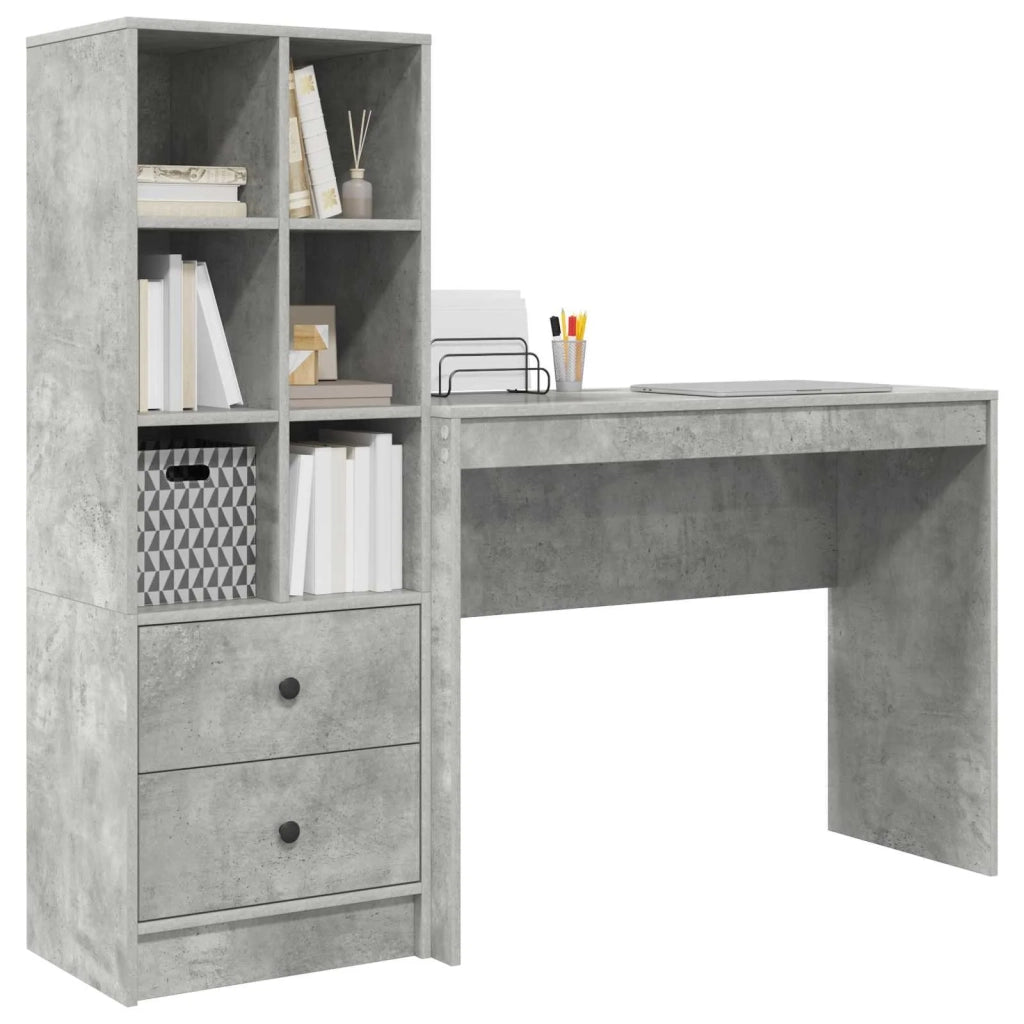 Scrivania | Tavolo da Ufficio con cassetto con lo scaffale 2 pz Grigio cemento
