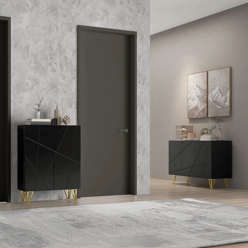 Mobile Contenitore con 2 Armadietti e Ripiano Regolabile, in Truciolato e Metallo, 120x40x75 cm, Nero e Oro