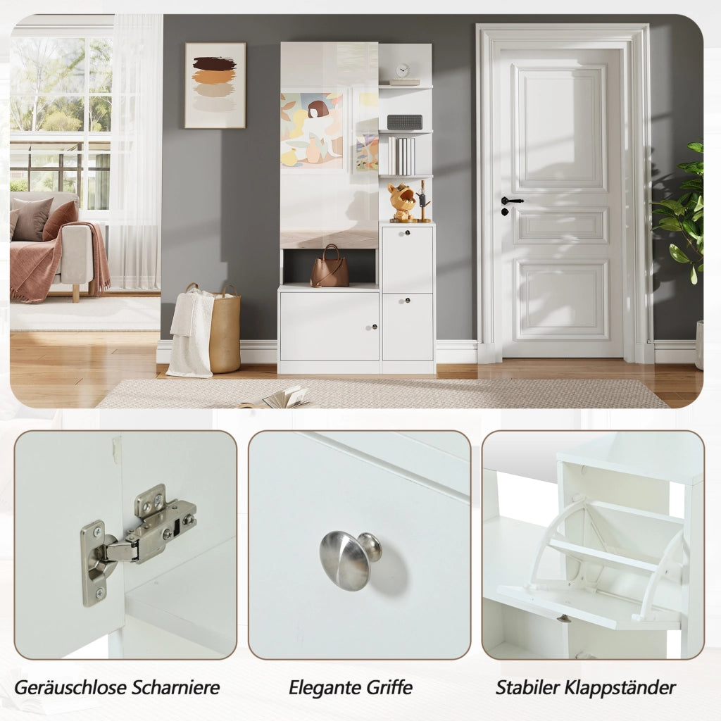 Mobile da ingresso bianco 85x40x180 cm con specchio, scarpiera e ripiani