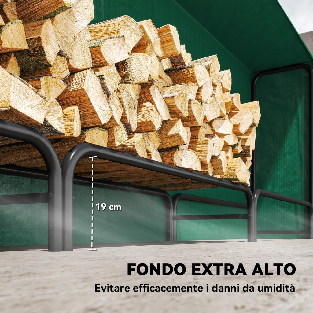 Portalegna Regolabile 300x36x99 cm con Telo Impermeabile in PE e Metallo Nero e Verde Scuro