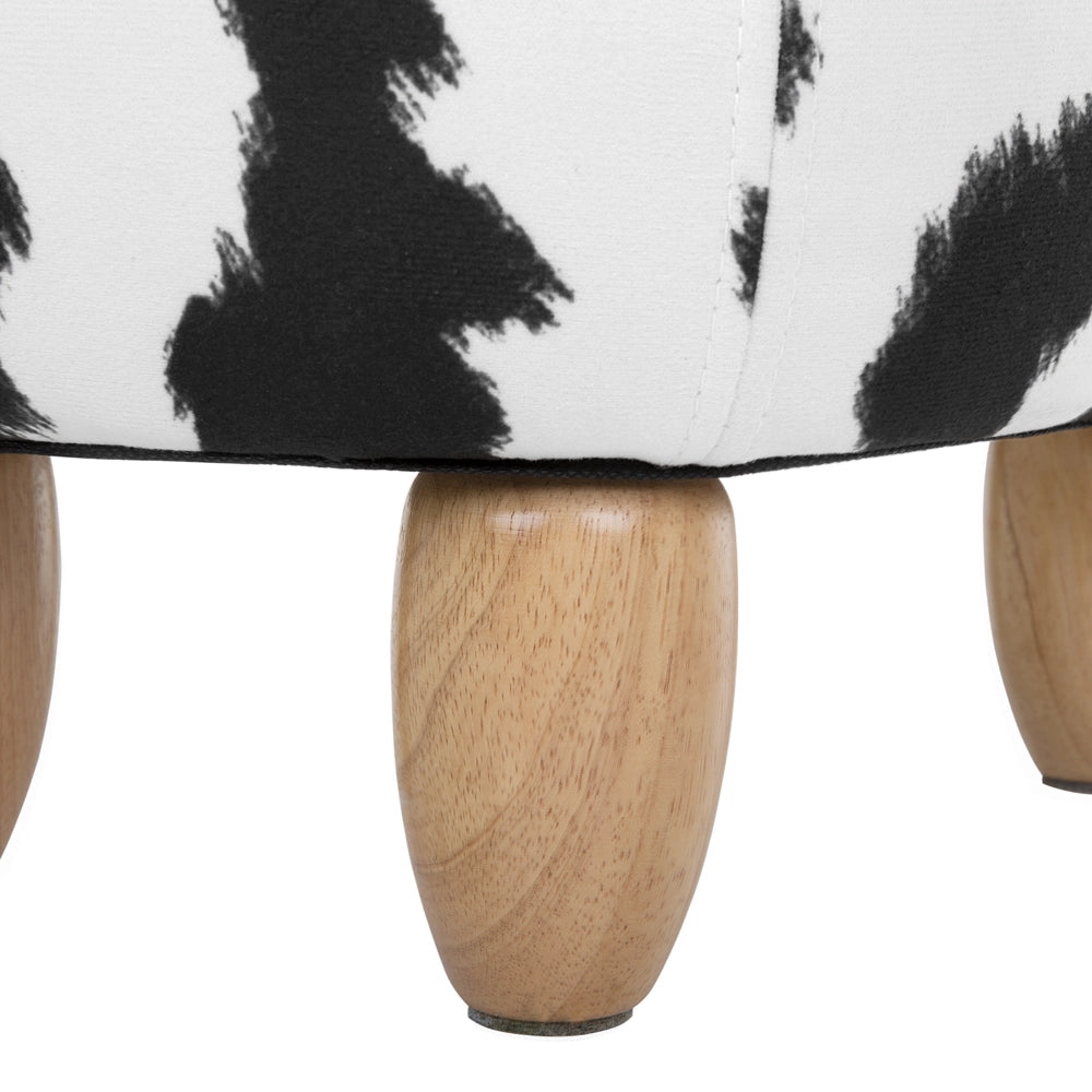 Sgabello per bambini Animale Mucca con contenitore Poggiapiedi per bambini in finta pelle nera e bianca con gambe in legno