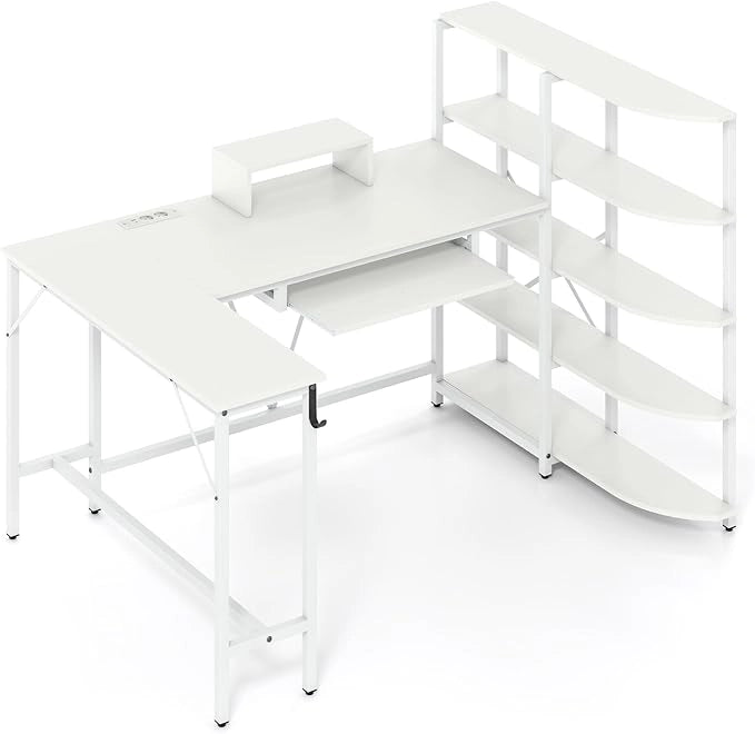 Scrivania Angolare a Forma di L, Scrivania ad Angolo Salvaspazio con Stazione di Ricarica, Scaffale, Supporto per Monitor, Gancio per Cuffie e Vassoio per Tastiera (Bianco)