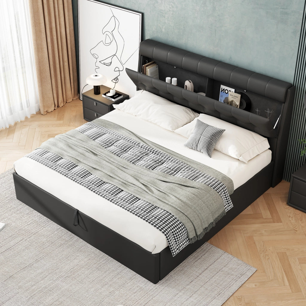 Letto imbottito elegante - Zephmum - 180x200 - Nero - Idraulico, ripiano testata nascosto, cassone