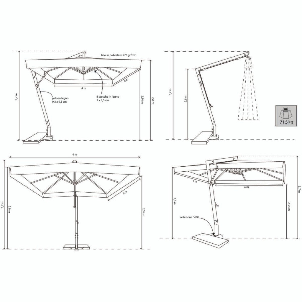 Ombrellone da Giardino decentrato 3x3 in legno - BRENTA