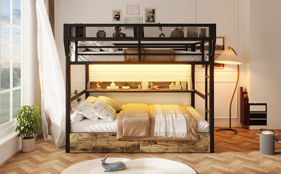 LETTO A CASTELLO 140x200 cm Metallo e MDF Nero con LED e 2 cassetti