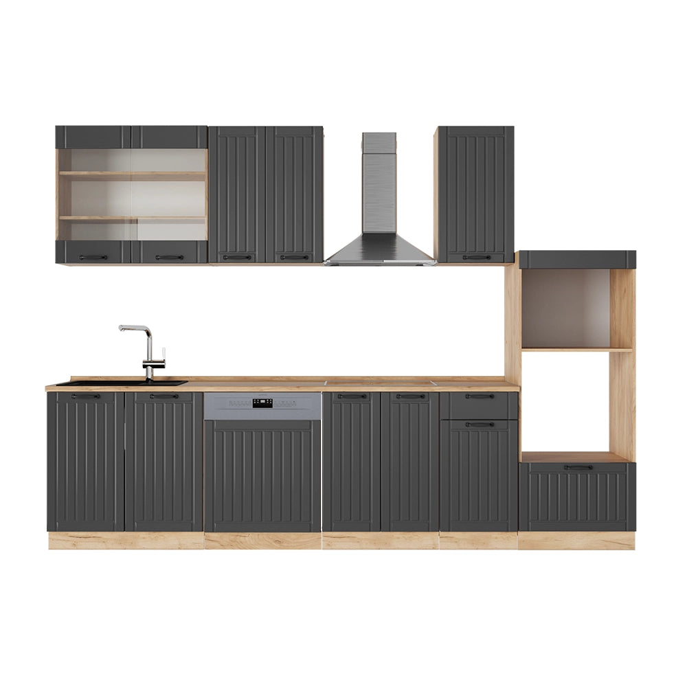 Vicco Cucina componibile Grigio scuro 300 cm con armadio alto, PL Rovere