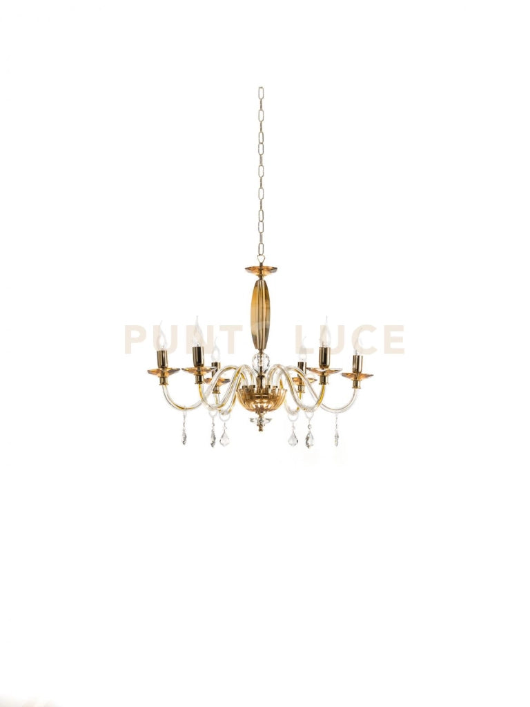 LAMPADARIO CECILIA 6 LUCI VETRO E CRISTALLO AMBRA E TRASPARENTE ATTACCO E14 D.60CM