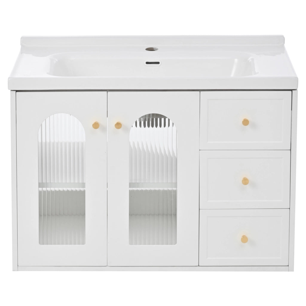 Mobile sottolavabo a parete con 2 cassetti; armadio con porta in vetro ondulato; lavabo in ceramica e ripiani regolabili; bagno
