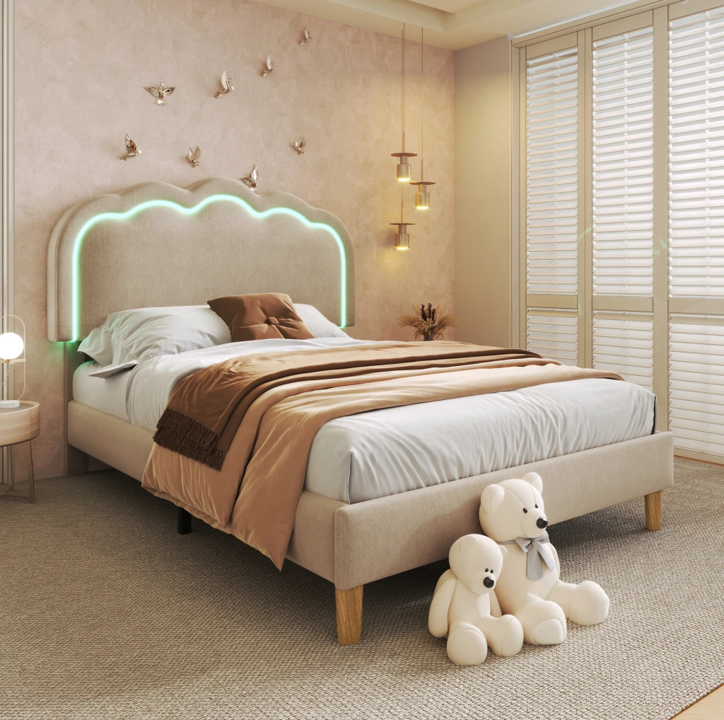 Letto imbottito 90x190 cm; testiera LED regolabile; lino; beige (Senza materasso)
