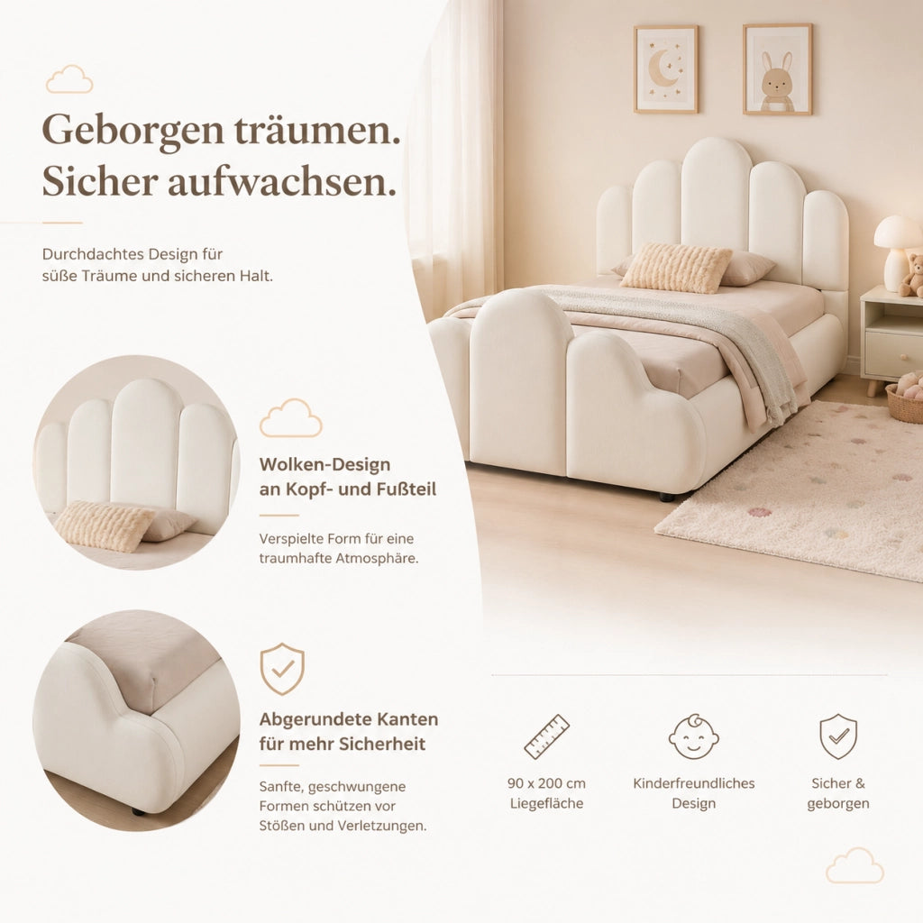 Letto imbottito per bambini con testiera e angoli arrotondati, 90x200 cm, velluto beige