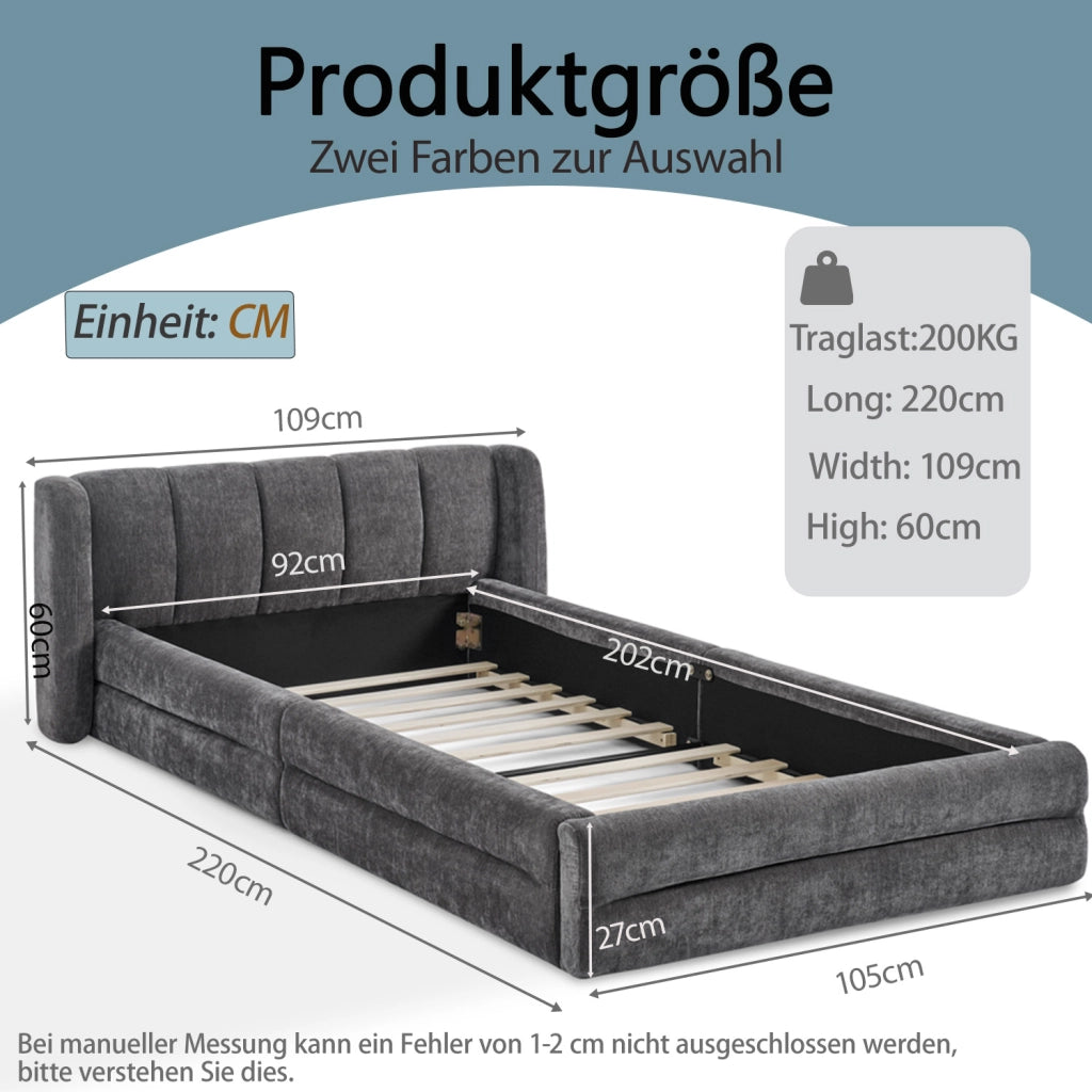 Letto singolo 90 × 200 cm con testiera ergonomica, senza materasso, in chenille, grigio scuro
