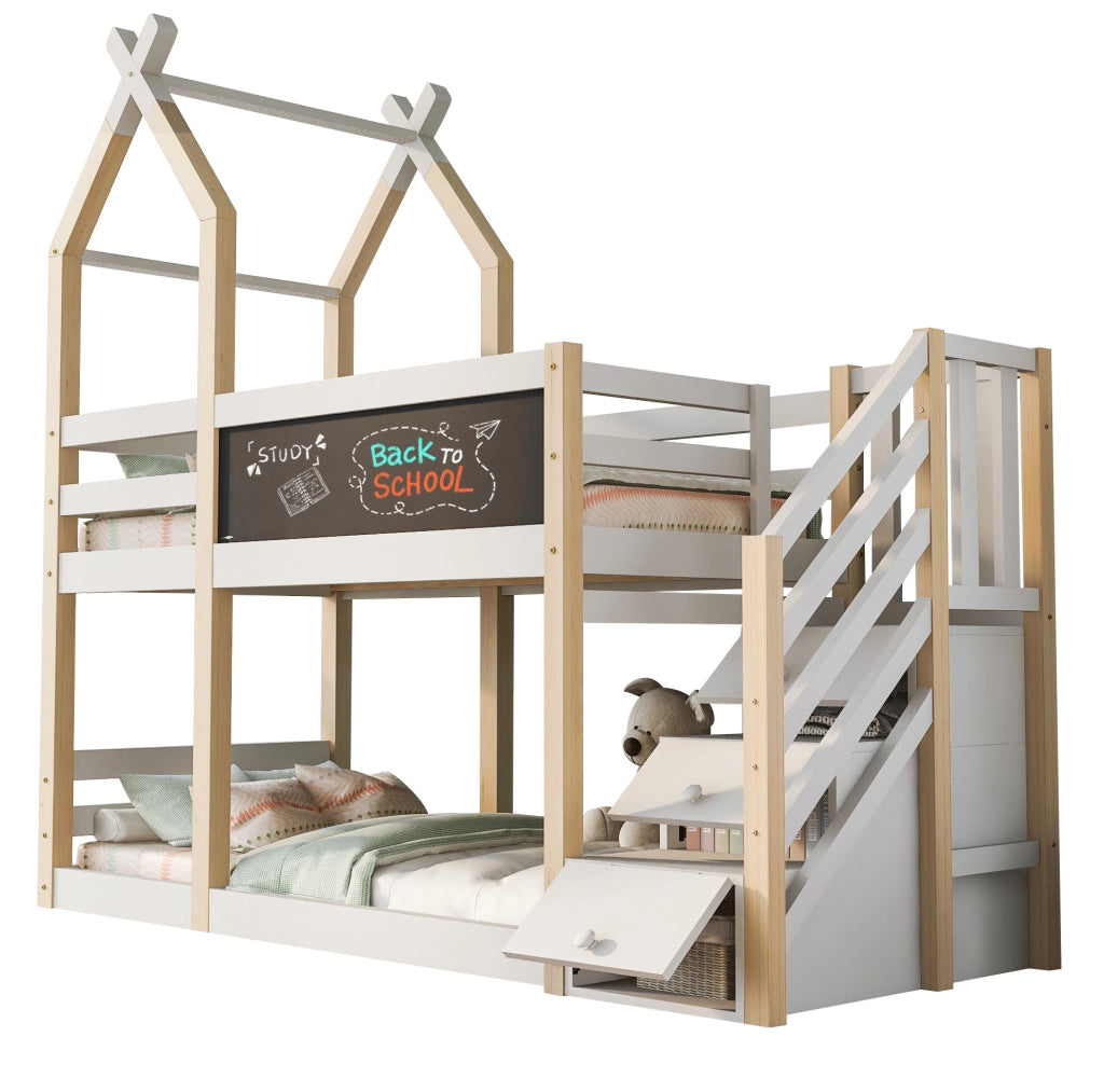 Letto a soppalco per bambini 90x200 con lavagna, scala contenitore e protezione laterale