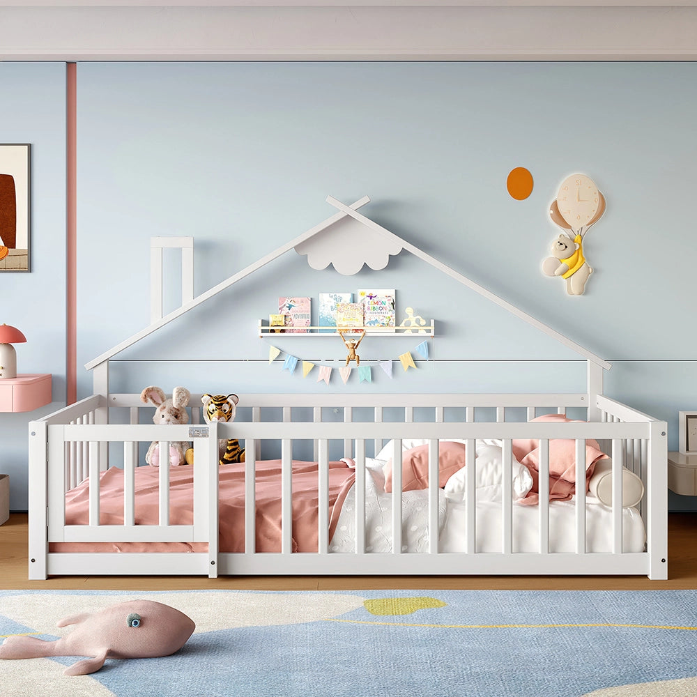 Letto bambino-Xylo-90x190 cm-bordo, barriera con serratura, pino, bianco