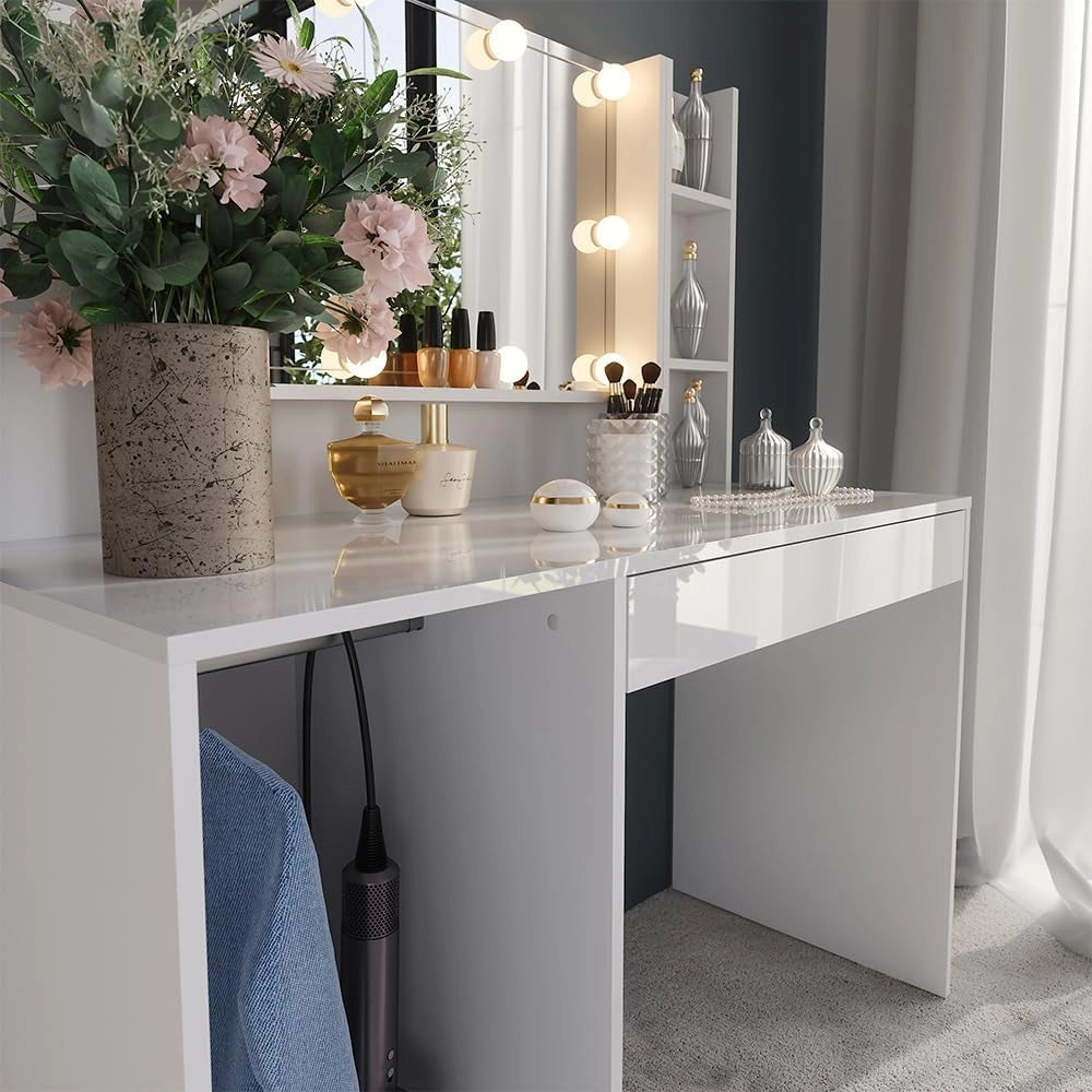 Tavolo da toeletta Sherry, Bianco/bianco lucido, 119.8 cm 4 parti, con illuminazione LED e grande specchio integrato