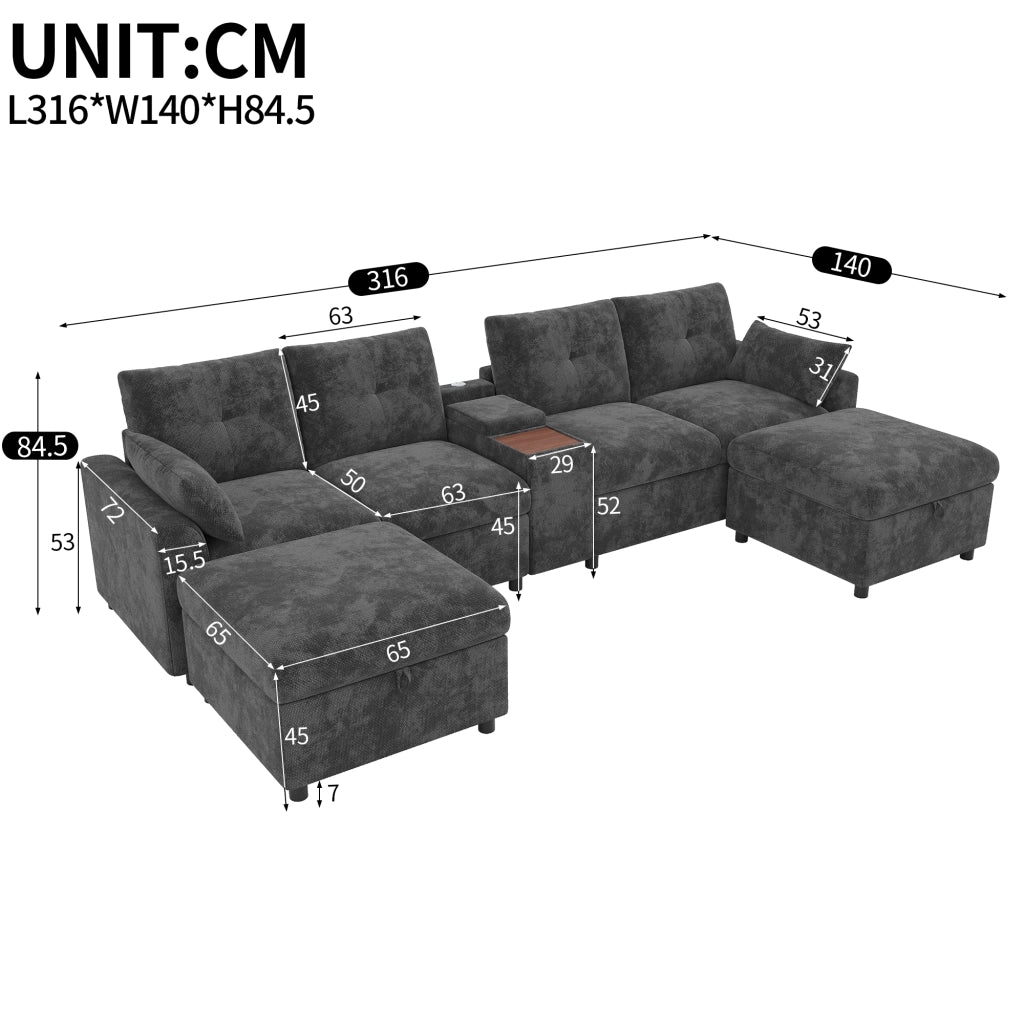 Divano angolare modulare 6 posti con console centrale, porte USB e Type-C, contenitori in chenille grigio