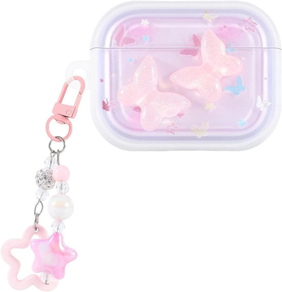 Case di Protezione per AirPods Pro 3 con Anello di Chiave, Copertura TPU trasparente con disegno a 3D a forma di farfalla, resistente ai urti e stoffa per donne