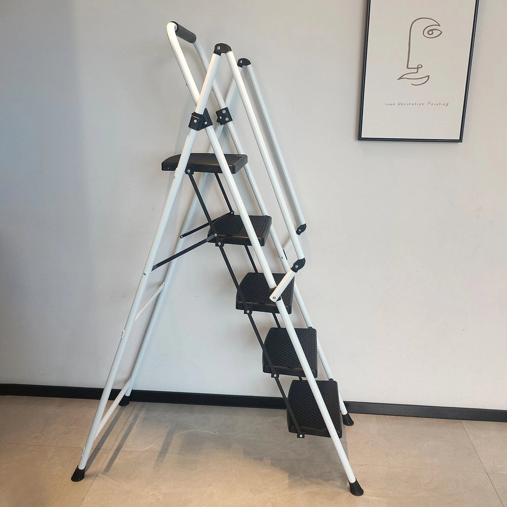 Scala Sgabello Pieghevole 5 Gradini ¨C Xylo ¨C Acciaio Bianco, Antiscivolo, 150 kg