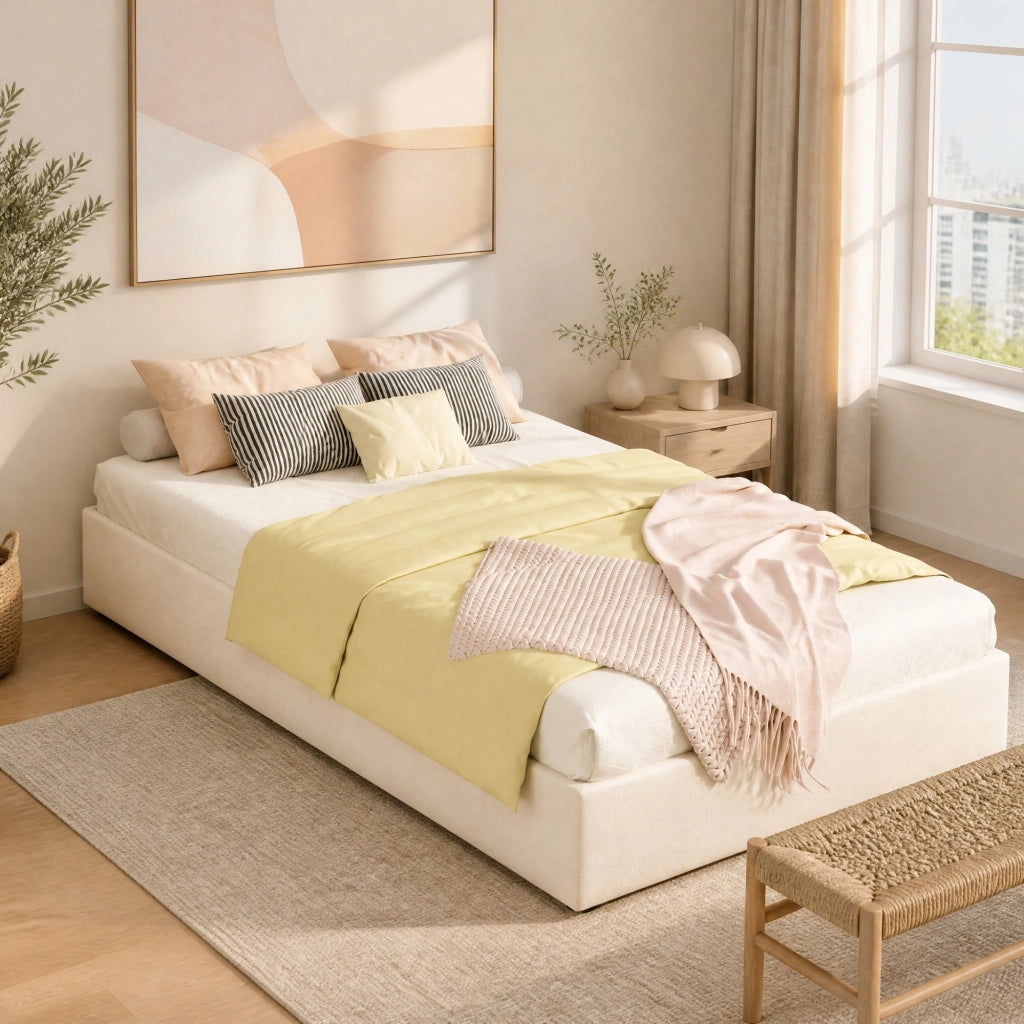 Letto singolo con contenitore pneumatico 90x200 cm; testiera imbottita beige