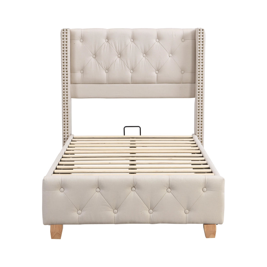 Letto Singolo 90 x 200 cm con Testiera Imbottita e Piedi in Legno; senza Materasso; Beige