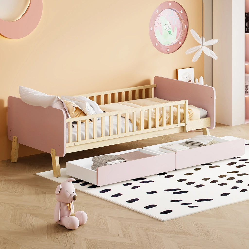 Letto Singolo con 2 Cassetti ¨C MINIMAL ¨C Massello Rosa 90x190 con Doghe