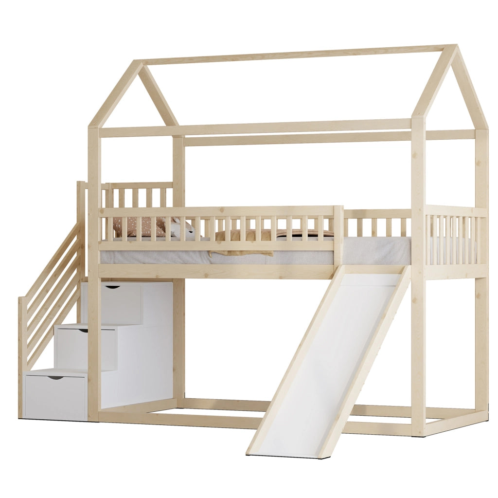 Letto a soppalco per bambini con scivolo e scala contenitore 90 x 200 cm; legno naturale