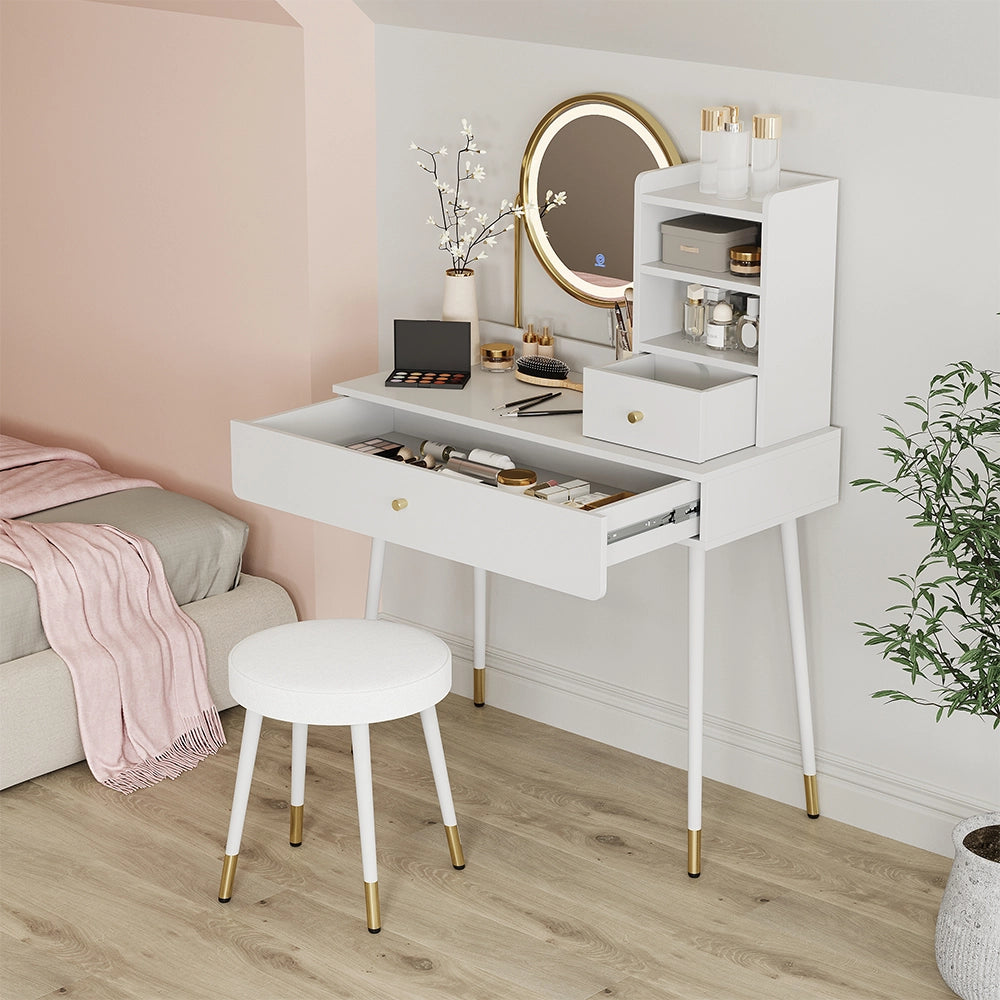 Vicco Tavolo da toeletta Bianco 90 cm con specchio LED e sgabello