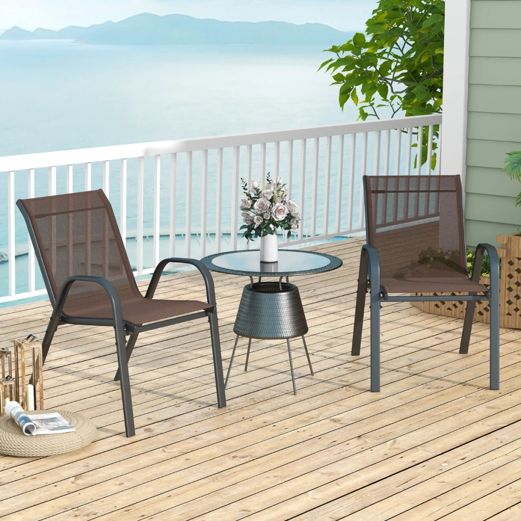 Set di 4 sedie da patio impilabili in metallo con braccioli, Sedie da pranzo in tessuto traspirante Marrone-Sedie da esterno