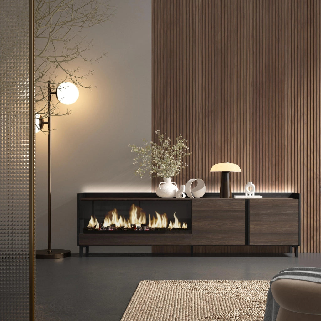 Mobile TV Soggiorno, 212x61x35 cm, Per TV fino a 80", Camino elettrico XXL, Design industriale, LED, Rovere scuro e Nero