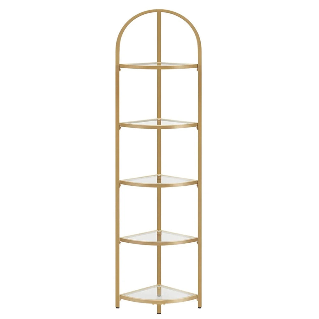 Mensola angolare a 5 ripiani libreria con struttura in metallo mensola portaoggetti in vetro temperato antiruggine per soggiorno camera da letto cucina bagno moderna 158 cm oro 12_0003487