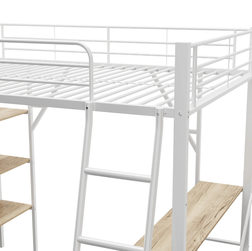 Letto a soppalco 90x200 cm con scrivania e 3 ripiani; bianco