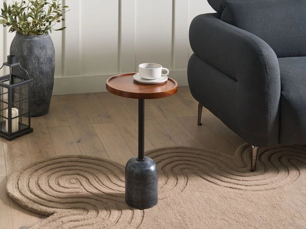 Tavolino moderno con piano rotondo in legno di mango e base in metallo e marmo Tavolino rotondo per soggiorno Marrone e nero