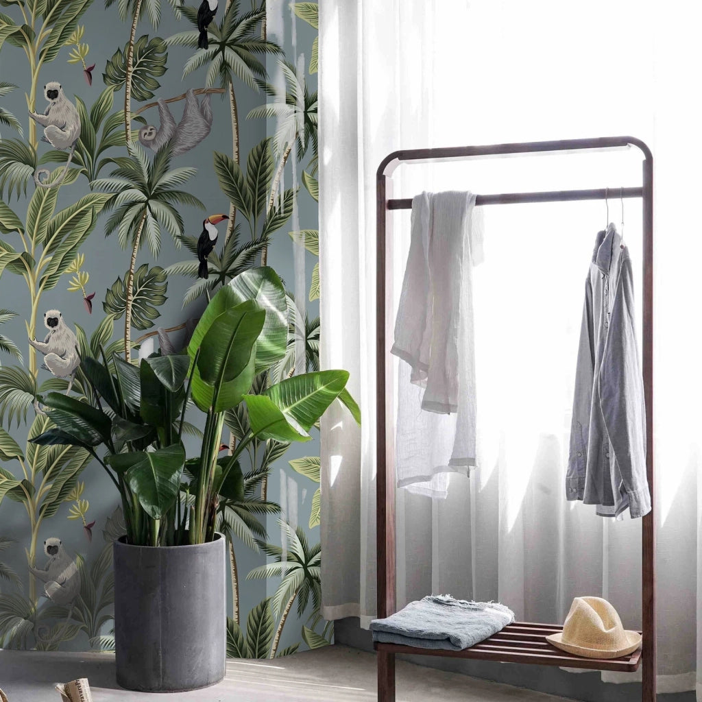 Carta da Parati Jungla Tropicale Grigia Carta Vegana 250x200cm 5,5mq 