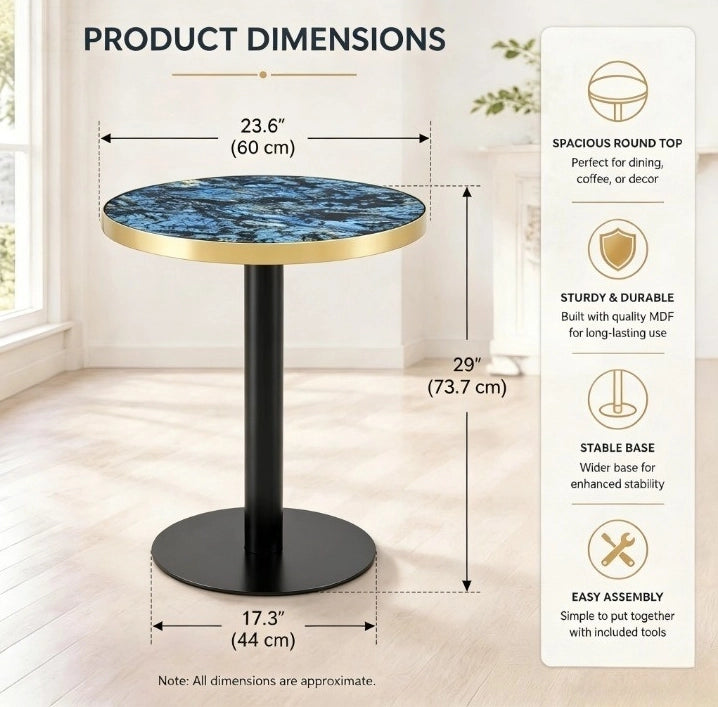 Tavolino rotondo in MDF effetto marmo blu con bordo oro e struttura in metallo nero; 60 cm