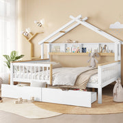 Letto per bambini 140x200 cm con sponde; cassetti e tetto in legno e MDF; bianco e naturale