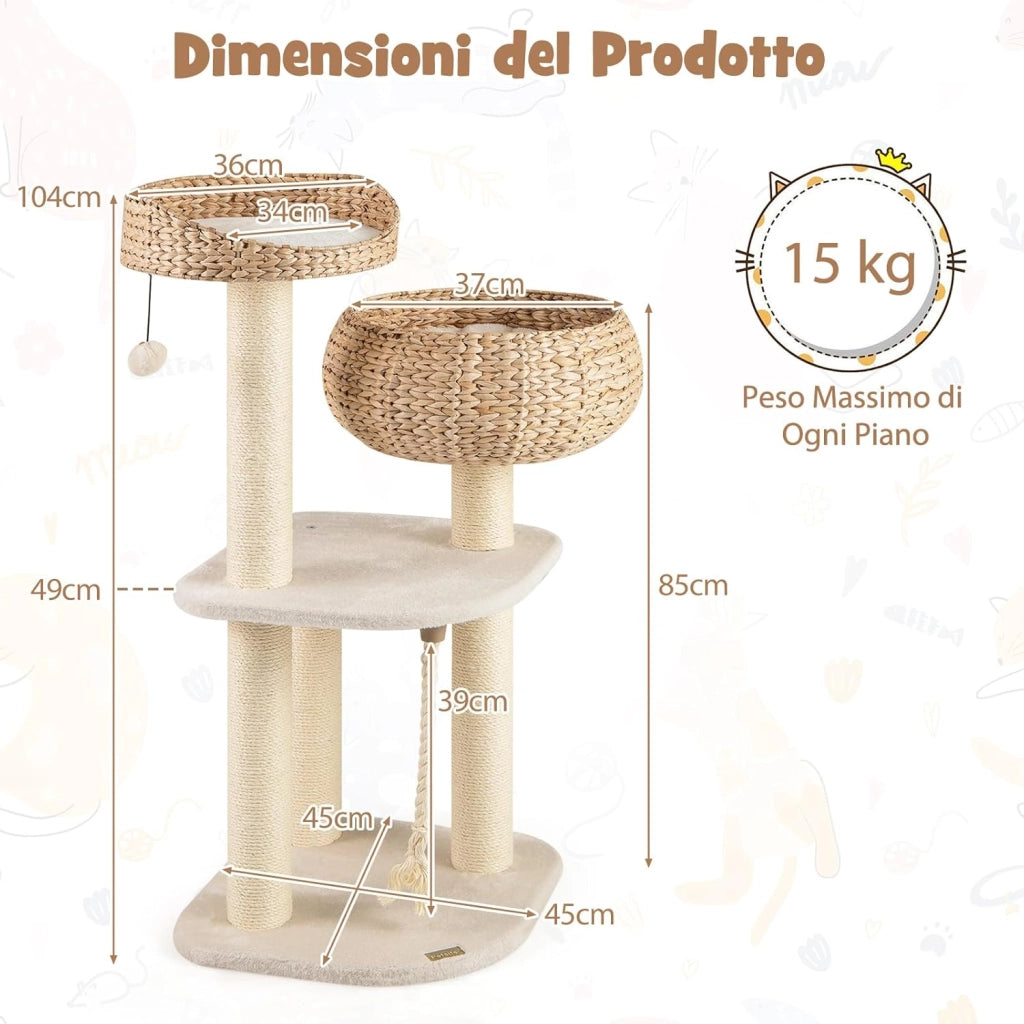 Tiragraffi per Gatti Piccoli, Tiragraffi con Cuccia, Piattaforma, Pallina e Palo in Sisal Naturale, Albero per Gatti da Divano, Salotto e Camera da Letto