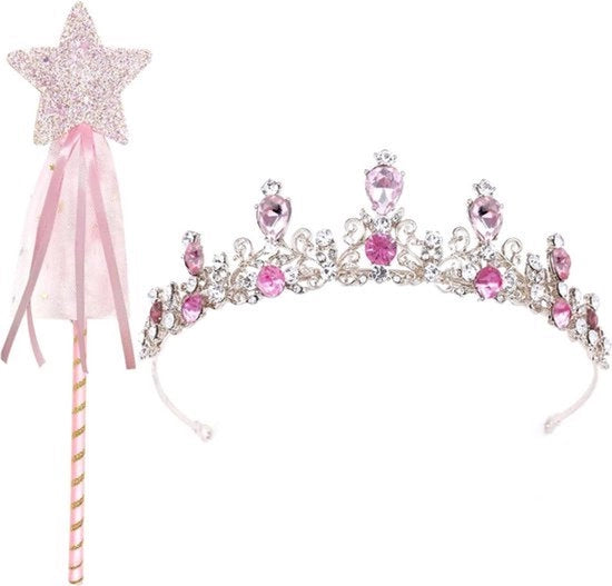 Corona per bambine con bastone magico adatta - diadema con cristalli - abbigliamento da principesse - accessori per capelli - accessori per bambine 4-12 anni
