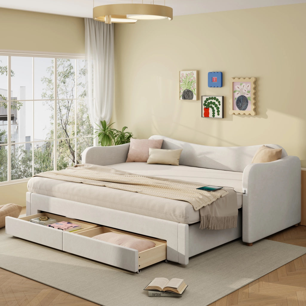 Letto imbottito estraibile 90x200 cm in velluto beige con 2 cassetti, porta USB e USB-C