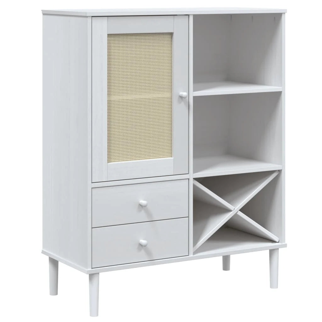 Buffet credenza cassettiera armadio mobile contenitore organizer per cucina soggiorno salotto effetto rattan 90 x 40 x 112 cm legno massello di pino bianco 02_0036228
