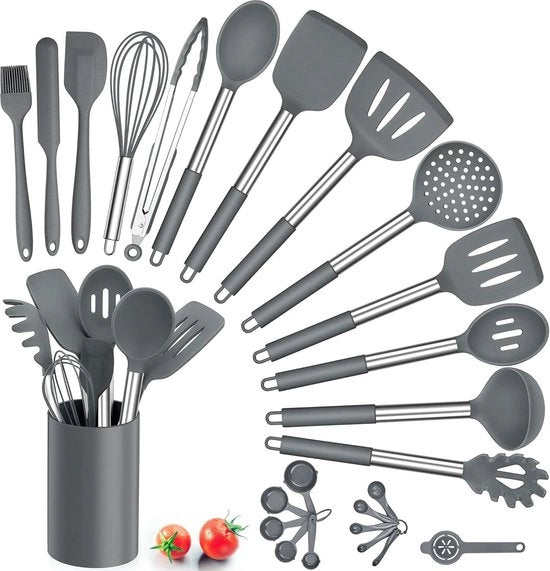 25 pezzi di accessori da cucina in silicone con supporto - set di utensili da cucina termoresistenti - manico in acciaio inossidabile - rivestimento antiaderente - scatola di conservazione - grigio