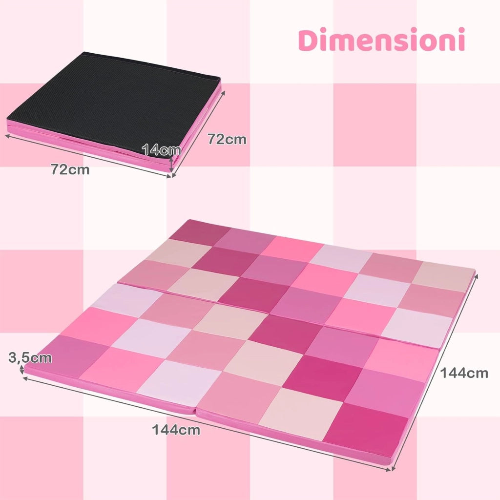Tappeto Gioco Pieghevole, 144 x 144 cm, Tappetino da Ginnastica con Pelle Impermeabile, Tappeto da Pavimento per Cameretta (Rosa)