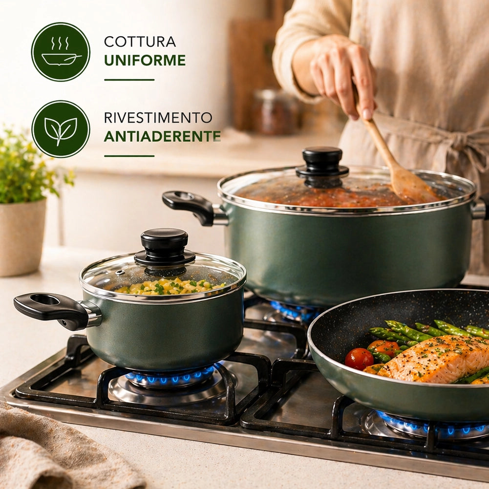 Batteria di Pentole 9 Pezzi Natura Più Antiaderente in Alluminio Pressofuso con Manici Cool Touch e Coperchi Verde